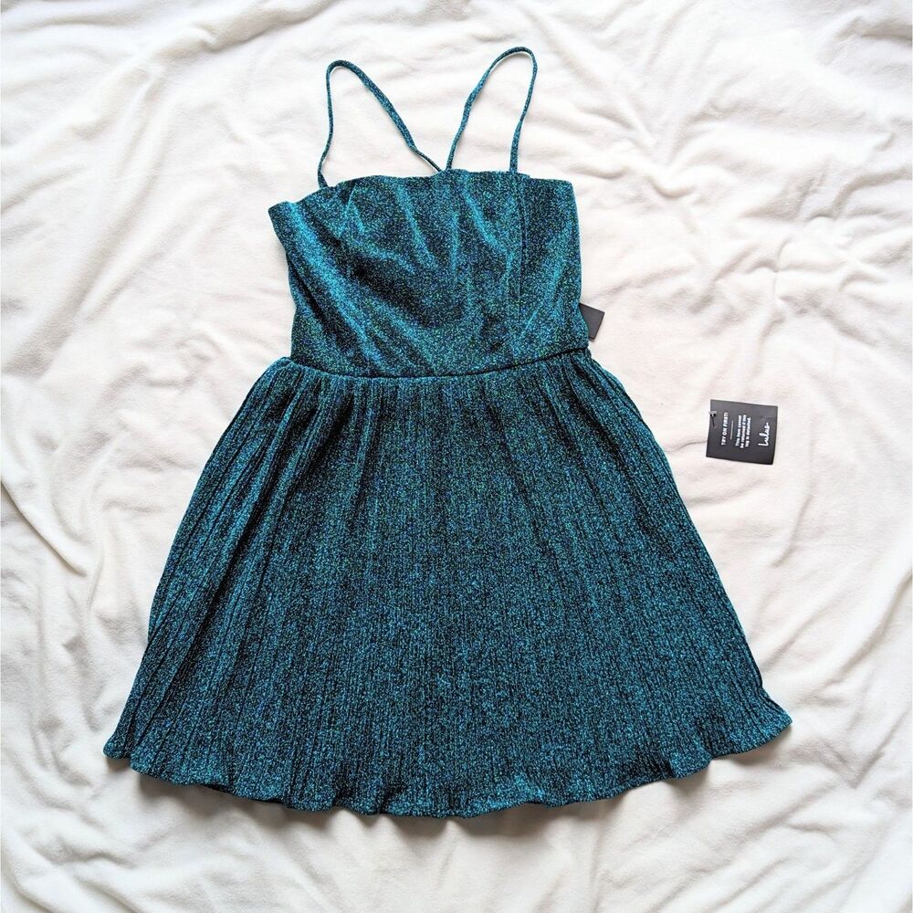 Lulus Party Era Teal Blue Sparkly Lace-Up Pleated Skater Dress Teal Blue Glitter